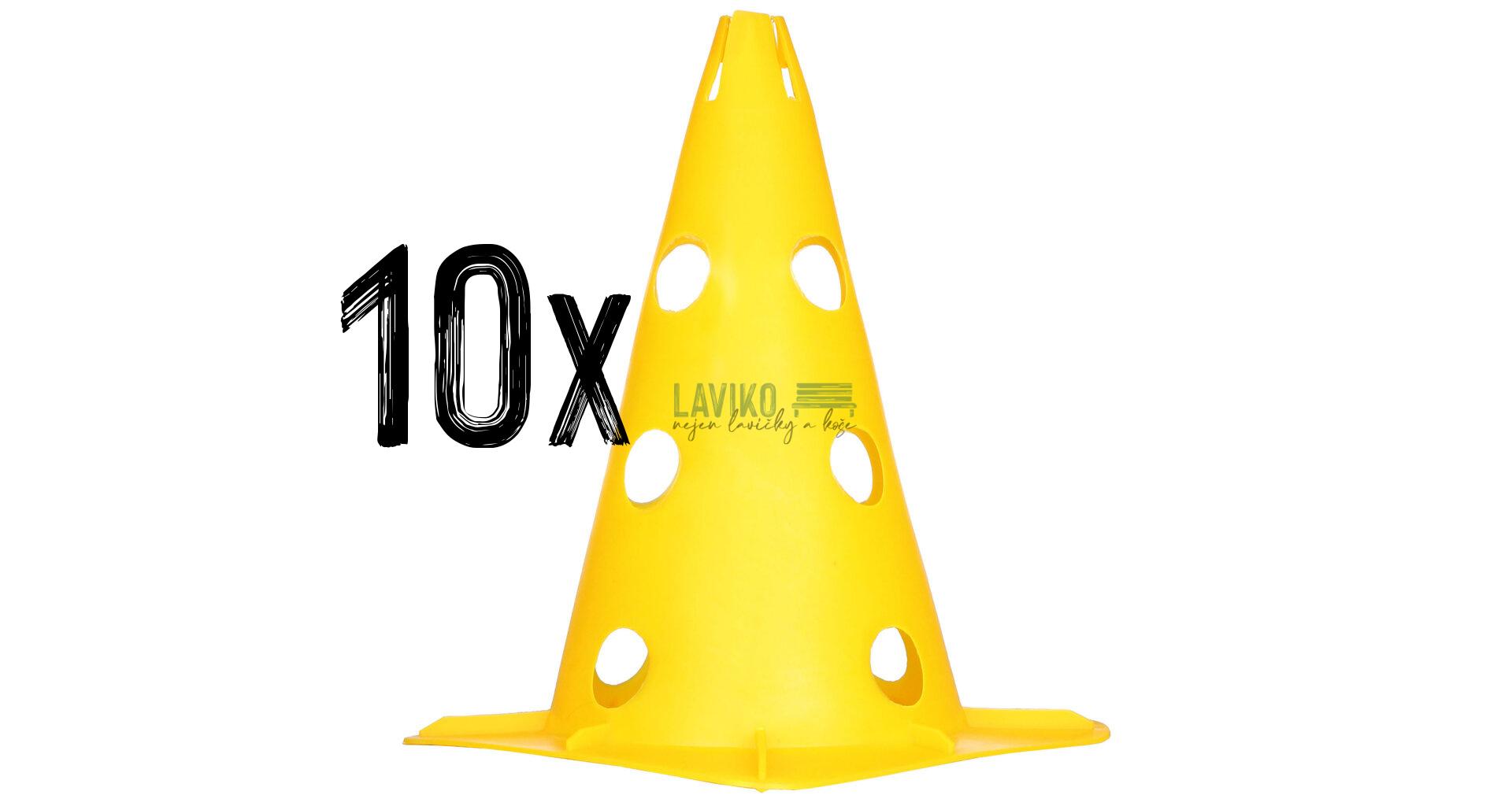VÝHODNÁ SADA - 10x Tréninkový kužel KONIQ s otvory, plastový, žlutý